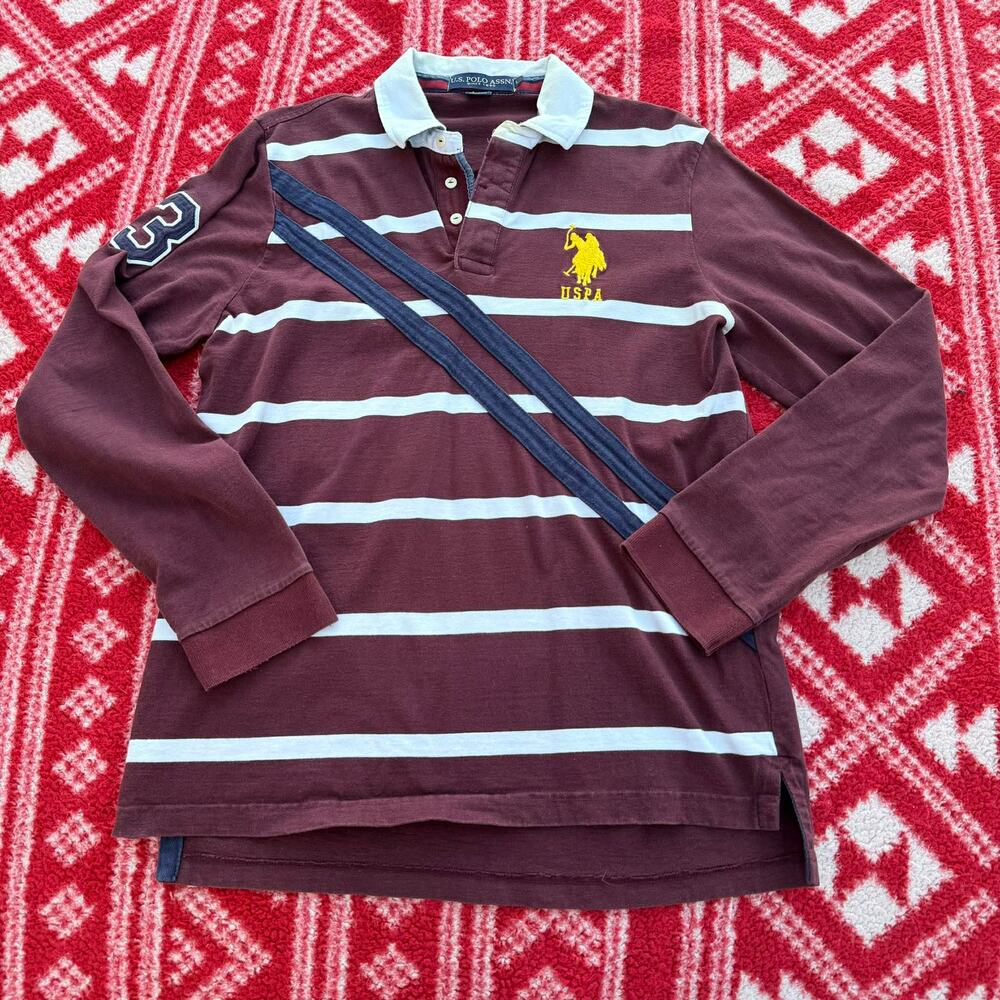 U.S. Polo Assn Men’s Large L Long Sleeve Rugby Shirt Maroon Striped Sash